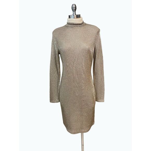 RALPH LAUREN Navy Label Designer Metallic Gold Turtleneck Cocktail Dress Large - Picture 1 of 6